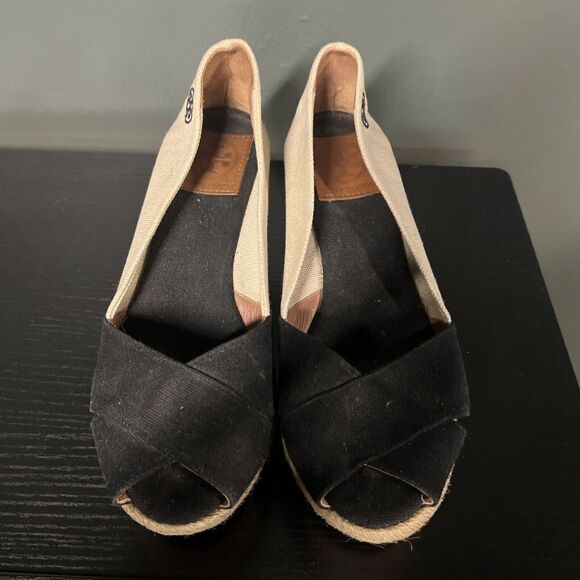 Tory Burch Filipa Espadrille Canvas Peep Toe Wedge Sandal Size 8.5 Black Beige - Picture 2 of 5